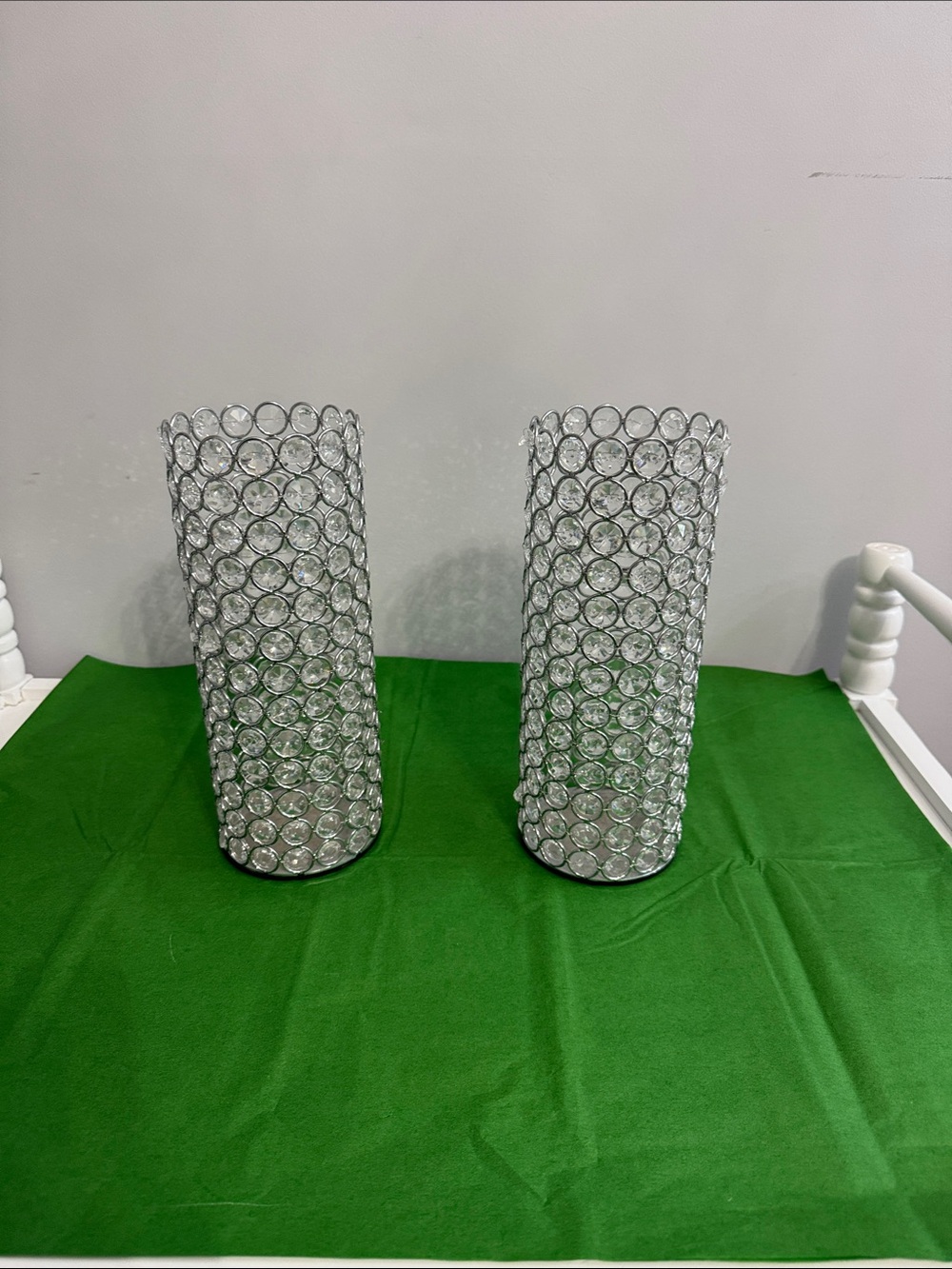 Crystal Mesh Cylinder Vase Pair - Silver